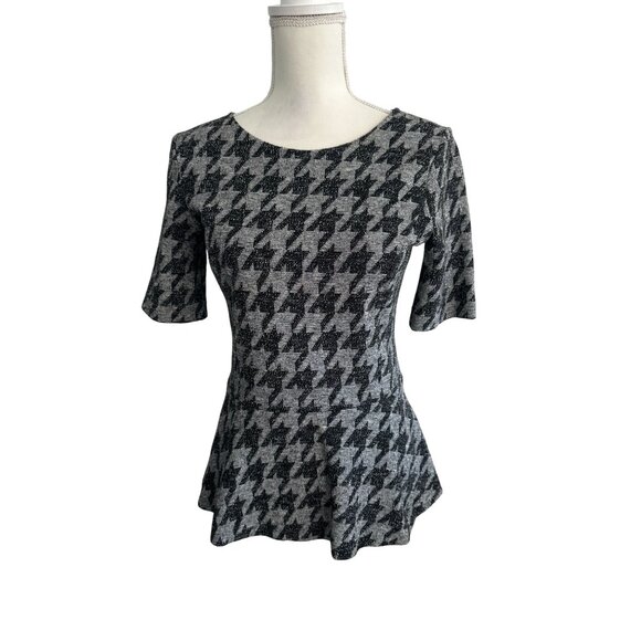 THEORY Black Gray Houndstooth Peplum Stretch Top Size Medium - Picture 2 of 8